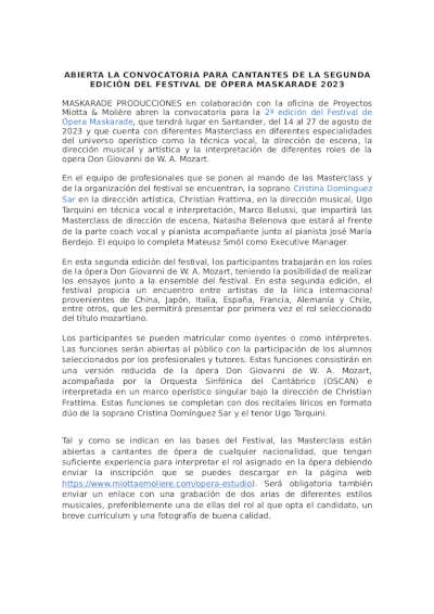 Abierta la convocatoria para cantantes de la Segunda Edición del Festival de Ópera Maskarade 2023
