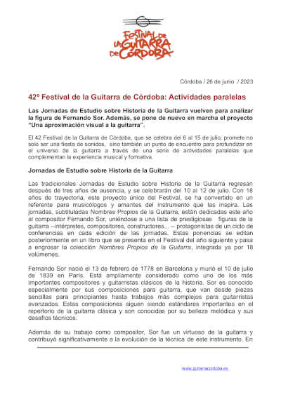 Anunciadas las actividades paralelas de la 42º edición del Festival de la Guitarra de Córdoba