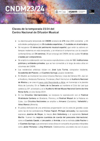 El Centro Nacional de Difusión Musical presenta la temporada 2023 – 2024