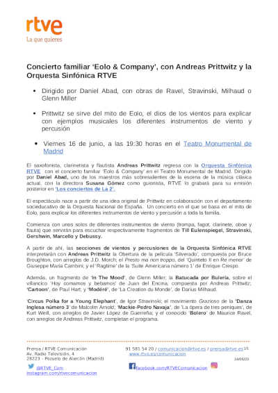 Concierto familiar «Eolo & Company», con Andreas Prittwitz y la Orquesta Sinfónica RTVE