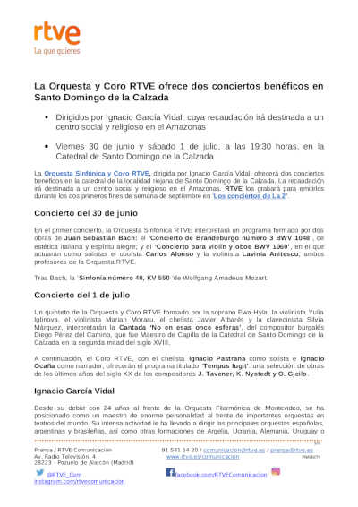 La Orquesta y Coro RTVE ofrece dos conciertos benéficos en Santo Domingo de la Calzada