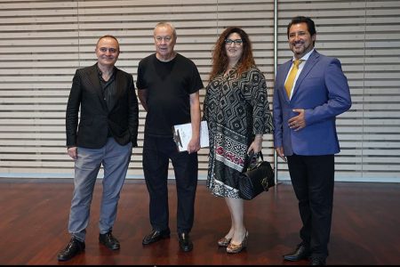 Joan Matabosch (director artístico del Teatro Real), Robert Wilson (director de escena, escenógrafo e iluminador de Turandot), Anna Pirozzi (Turandot) y Jorge de León (Calaf)