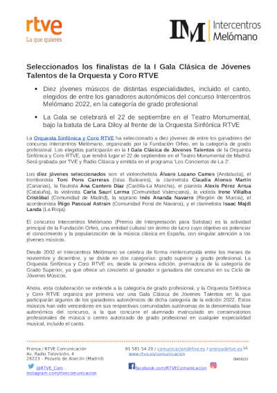 Seleccionados los finalistas de la I Gala Clásica de Jóvenes Talentos de la Orquesta y Coro RTVE