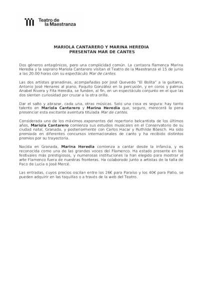 Mariola Cantarero y Marina Heredia presentan «Mar de cantes» en el Teatro de la Maestranza