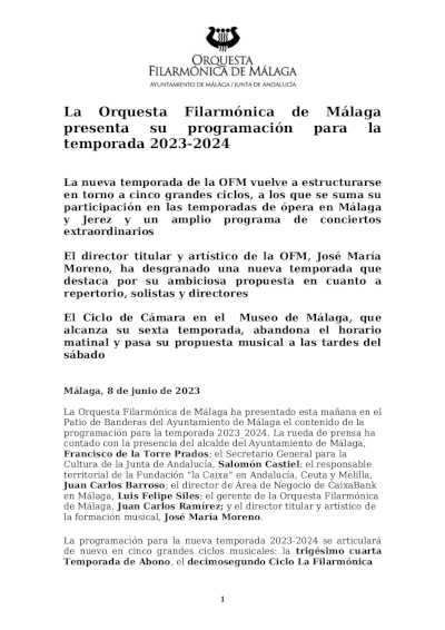 La Orquesta Filarmónica de Málaga presenta su programación para la temporada 2023-2024