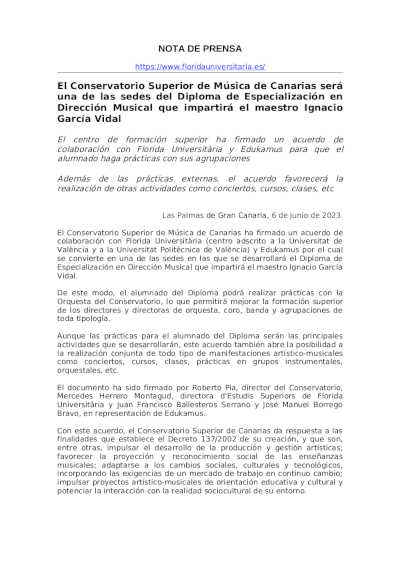 El Conservatorio Superior de Música de Canarias será una de las sedes del Diploma de Especialización en Dirección Musical