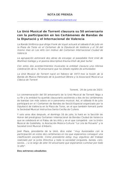 La Unió Musical de Torrent clausura su 50 aniversario