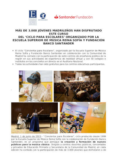 Más de 3.000 jóvenes madrileños en el «Ciclo Conciertos para Escolares» de la ESMRS y Fundación Banco Santander Más de 3.000 jóvenes madrileños en el «Ciclo Conciertos para Escolares» de la ESMRS y Fundación Banco Santander