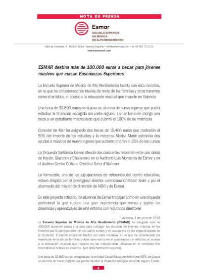 ESMAR destina más de 100.000 euros a becas para jóvenes músicos que cursan Enseñanzas Superiores
