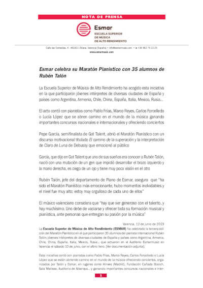 Esmar celebra su Maratón Pianístico con 35 alumnos de Rubén Talón