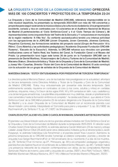La Orquesta y Coro de la Comunidad de Madrid ofrecerá más de 100 conciertos y proyectos en su temporada 23-24