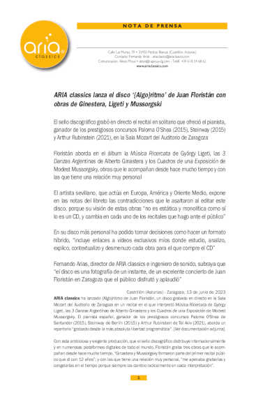 ARIA classics lanza el disco «{Algo}ritmo» de Juan Floristán con obras de Ginestera, Ligeti y Mussorgski