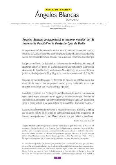 Ángeles Blancas protagonizará el estreno mundial de «El teorema de Pasolini» en la Deutsche Oper de Berlín