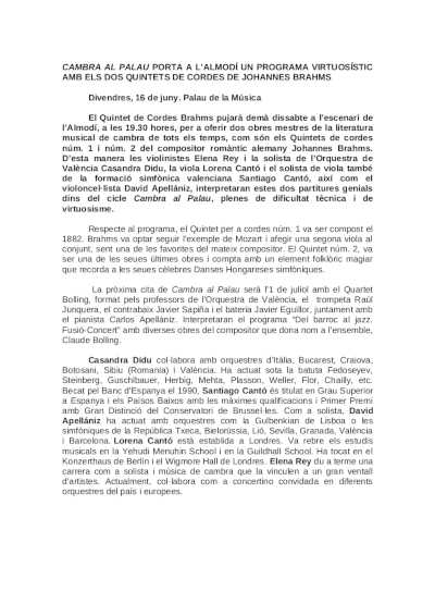 Cambra al Palau lleva al Almudín un programa virtuosístico con los dos Quintetos de Cuerdas de Brahms
