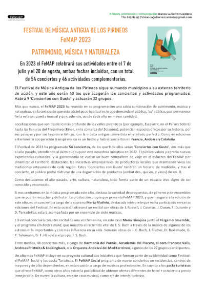 Presentado el Festival de Música Antigua de los Pirineos FeMAP 2023. Patrimonio, música y naturaleza