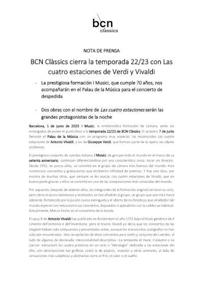 BCN Clàssics cierra la temporada 22/23 con Las cuatro estaciones de Verdi y Vivaldi BCN Clàssics cierra la temporada 22/23 con Las cuatro estaciones de Verdi y Vivaldi