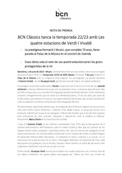 BCN Clàssics cierra la temporada 22/23 con Las cuatro estaciones de Verdi y Vivaldi BCN Clàssics cierra la temporada 22/23 con Las cuatro estaciones de Verdi y Vivaldi