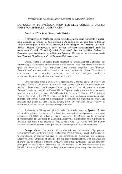 La Orquesta de València inicia sus Conciertos de Verano con Spanish Brass y Josep Vicent