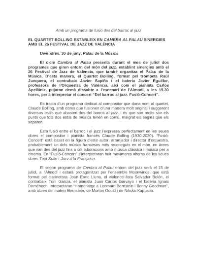 El Cuarteto Bolling estableces en Cambra al Palau sinergias con el 26 Festival de Jazz de València El Cuarteto Bolling estableces en Cambra al Palau sinergias con el 26 Festival de Jazz de València
