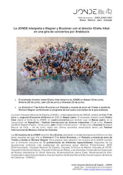 La JONDE interpreta a Wagner y Bruckner con el director Eliahu Inbal en una gira de conciertos por Andalucía