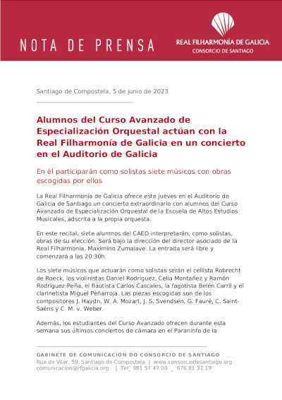 Alumnos del Curso Avanzado de Especialización Orquestal actúan con la Real Filharmonía de Galicia