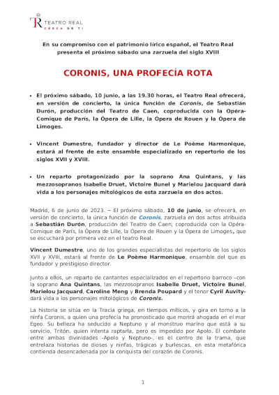 Coronis, una profecía rota. Zarzuela del siglo XVIII en el Teatro Real de Madrid Coronis, una profecía rota. Zarzuela del siglo XVIII en el Teatro Real de Madrid