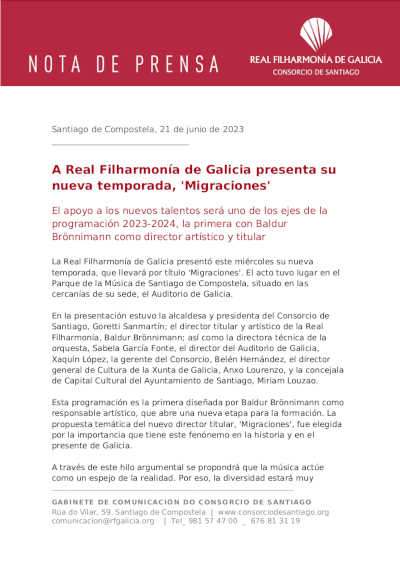 La Real Filharmonía de Galicia presenta su nueva temporada, «Migraciones»