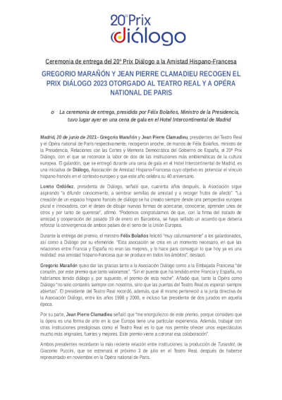 Gregorio Marañón y Jean Pierre Clamadieu recogen el Prix Diálogo 2023 otorgado al Teatro Real y la OnP Gregorio Marañón y Jean Pierre Clamadieu recogen el Prix Diálogo 2023 otorgado al Teatro Real y la OnP
