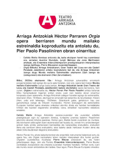 El Teatro Arriaga coproduce y acoge el Estreno Mundial de una nueva ópera, Orgia, de Hèctor Parra