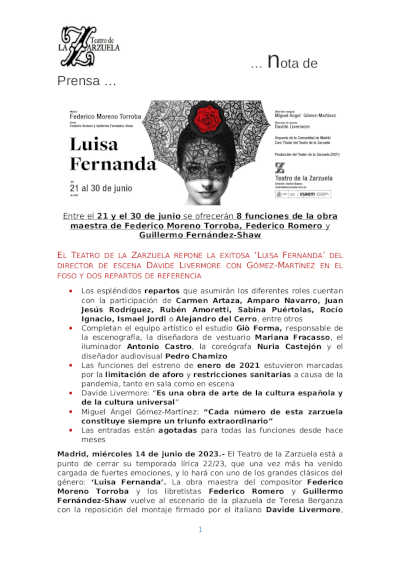 El Teatro de la Zarzuela repone la exitosa «Luisa Fernanda» del director de escena Davide Livermore