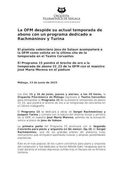 La OFM despide su actual temporada de abono con un programa dedicado a Rachmáninov y Turina