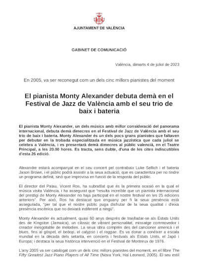 El pianista Monty Alexander debuta en el Festival de Jazz de València con su trío de bajo y batería