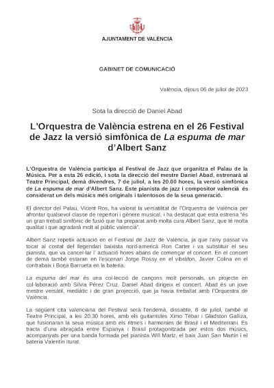 La Orquesta de València estrena en el 26 Festival de Jazz la versión sinfónica de La espuma de mar de Albert Sanz
