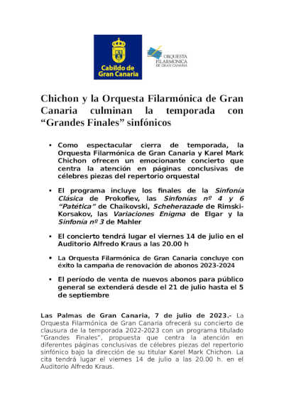 Chichon y la Orquesta Filarmónica de Gran Canaria culminan la temporada con “Grandes Finales” sinfónicos