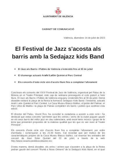 El Festival de Jazz se acerca a los barrios con la Sedajazz kids Band