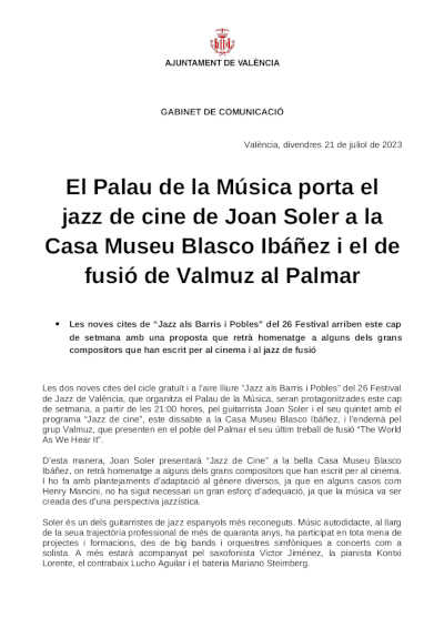 El Palau de la Música lleva el jazz de cine de Joan Soler a la Casa Museu Blasco Ibáñez y el de fusión de Valmuz a El Palmar