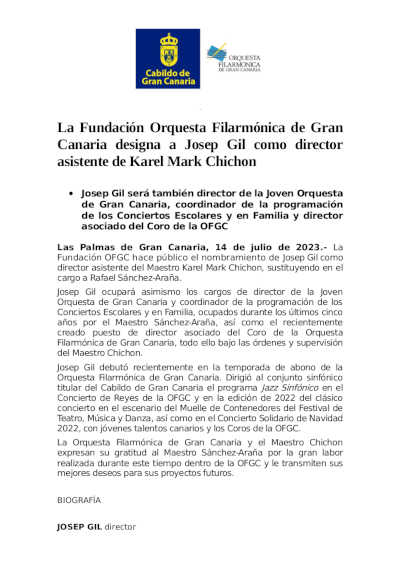 La Fundación Orquesta Filarmónica de Gran Canaria designa a Josep Gil como director asistente de Karel Mark Chichon