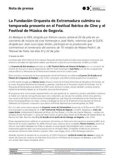La Fundación Orquesta de Extremadura culmina su temporada 2022-2023 en dos festivales La Fundación Orquesta de Extremadura culmina su temporada 2022-2023 en dos festivales