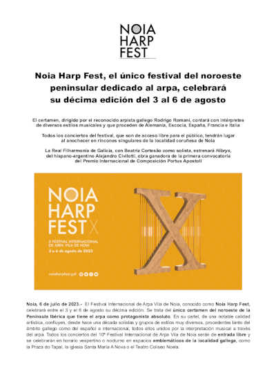 Noia Harp Fest, el único festival del noroeste peninsular dedicado al arpa presenta su 10º edición