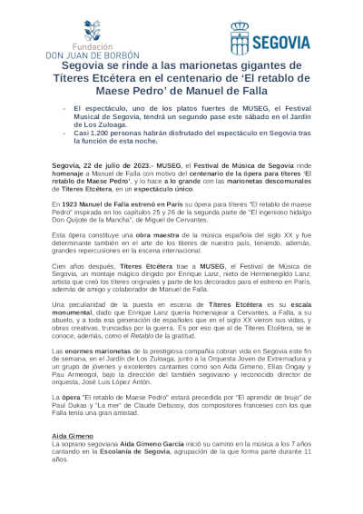 Segovia se rinde a las marionetas gigantes de Títeres Etcétera en el centenario de ‘El retablo de Maese Pedro’ de Manuel de Falla