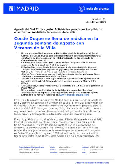 Conde Duque se llena de música en la segunda semana de agosto con Veranos de la Villa