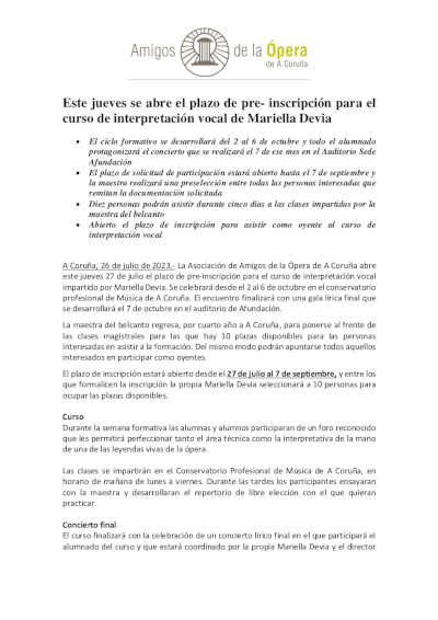 El jueves 27 de julio abre el plazo de pre-inscripción para el Curso de Interpretación Vocal de Mariella Devia