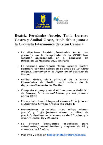 Beatriz Fernández Aucejo, Tania Lorenzo Castro y Amihai Grosz, triple debut junto a la OFGC