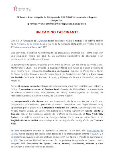 El Teatro Real despide la Temporada 2022-2023. Muchos logros, proyectos, premios y estimulante respuesta del público El Teatro Real despide la Temporada 2022-2023. Muchos logros, proyectos, premios y estimulante respuesta del público