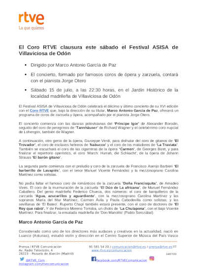 El Coro RTVE clausura este sábado el Festival ASISA de Villaviciosa de Odón
