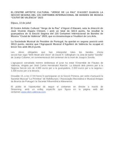 El Centre Artístic Cultural “Verge de la Pau” d’Agost gana la Sección Segunda del 135 CIBM