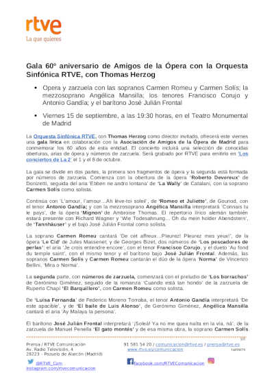 Gala 60º aniversario de Amigos de la Ópera con la Orquesta Sinfónica RTVE, con Thomas Herzog