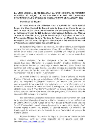 Unió Musical de Godelleta y Unió Musical de Torrent ganadoras Ex Aequo de la Sección de Honor del 135 CIBM