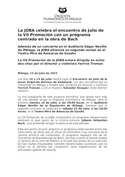 La JOBA celebra el encuentro de Julio de la VII Promoción con un programa centrado en la obra de Bach