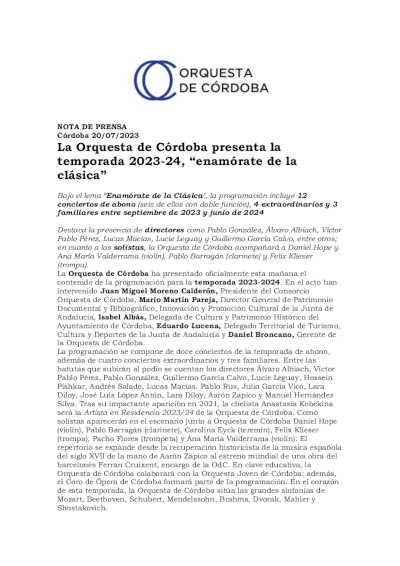 La Orquesta de Córdoba presenta la temporada 2023-24, “Enamórate de la clásica” La Orquesta de Córdoba presenta la temporada 2023-24, “Enamórate de la clásica”